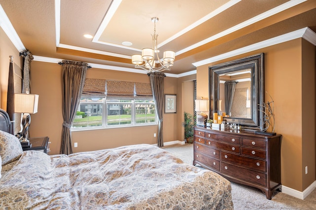 bedroom featuring a raised ceiling, light colored carpet, an inviting chandelier, and ornamental molding