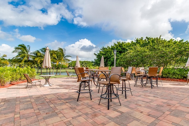 view of patio with a water view