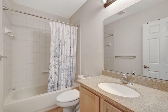 full bathroom with toilet, vanity, and shower / bathtub combination with curtain