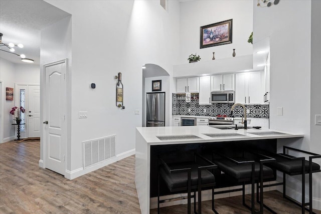 kitchen featuring white cabinetry, sink, backsplash, kitchen peninsula, and stainless steel appliances