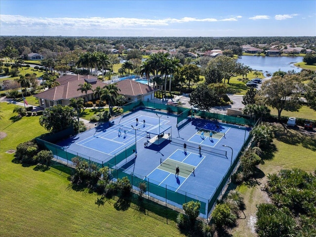 bird's eye view with a water view