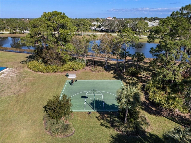 drone / aerial view with a water view