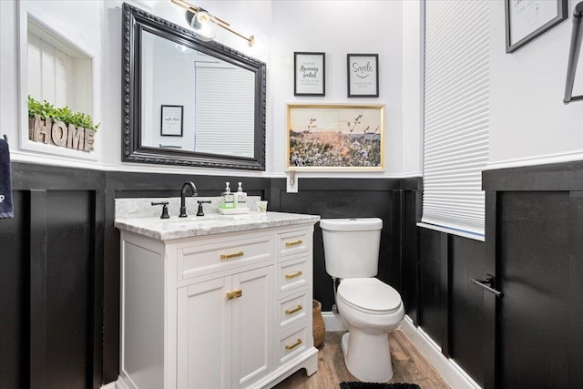 bathroom with vanity, wood-type flooring, and toilet