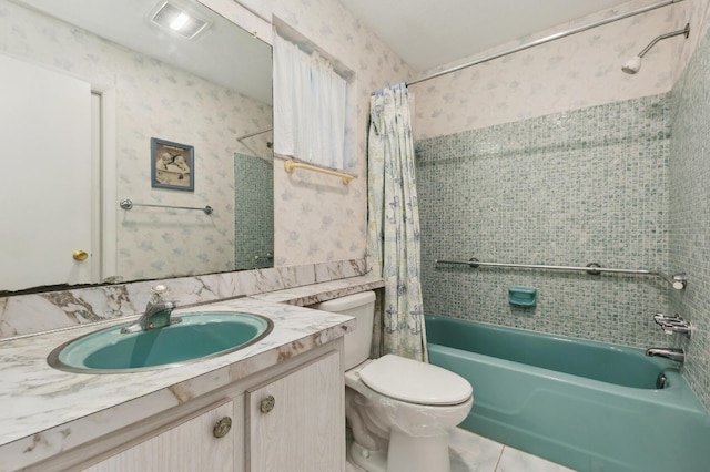 full bathroom featuring shower / bath combo, toilet, tile patterned flooring, and vanity