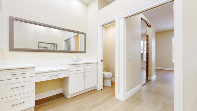 bathroom featuring hardwood / wood-style flooring, toilet, and vanity