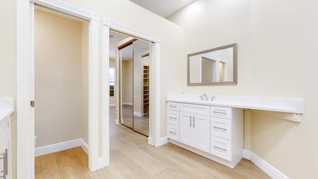 bathroom with vanity and hardwood / wood-style floors