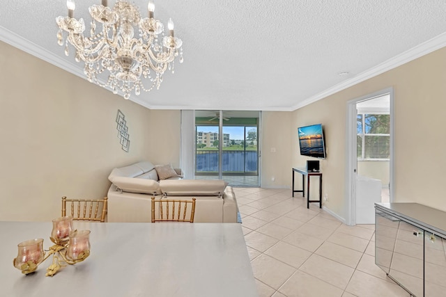 tiled living room with a textured ceiling, a chandelier, and crown molding