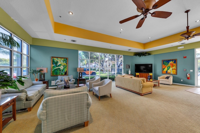 living room featuring light colored carpet and a raised ceiling