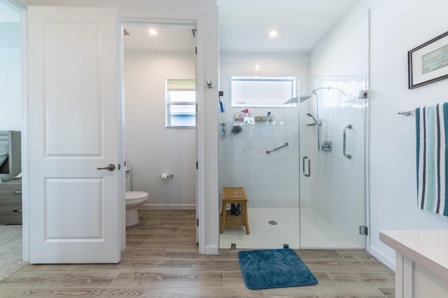 bathroom featuring toilet, vanity, and walk in shower