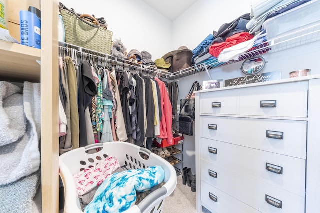 spacious closet featuring light carpet