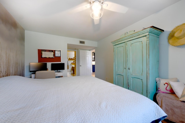 bedroom featuring ceiling fan and a closet