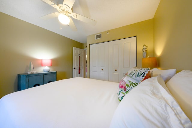 bedroom with ceiling fan and a closet