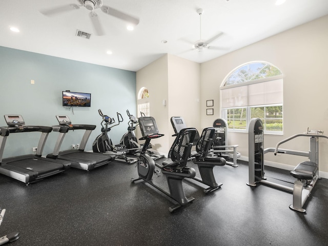 workout area with ceiling fan