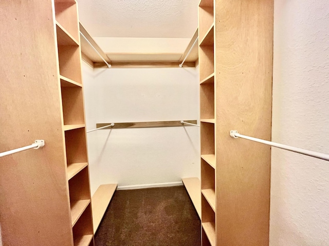 spacious closet featuring dark carpet