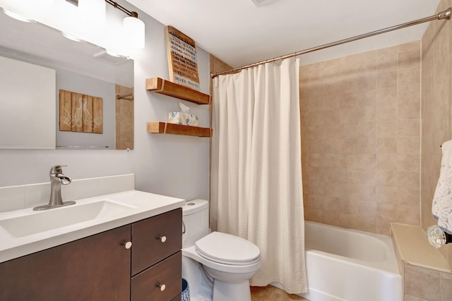 full bathroom with shower / bath combo with shower curtain, toilet, and vanity