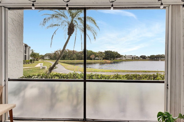 interior space with a water view