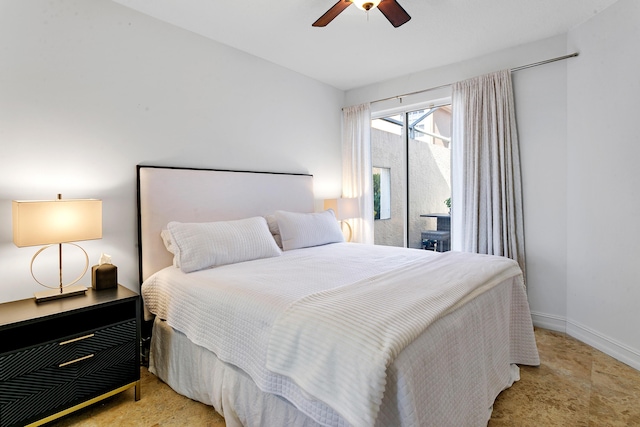 bedroom featuring ceiling fan and access to outside