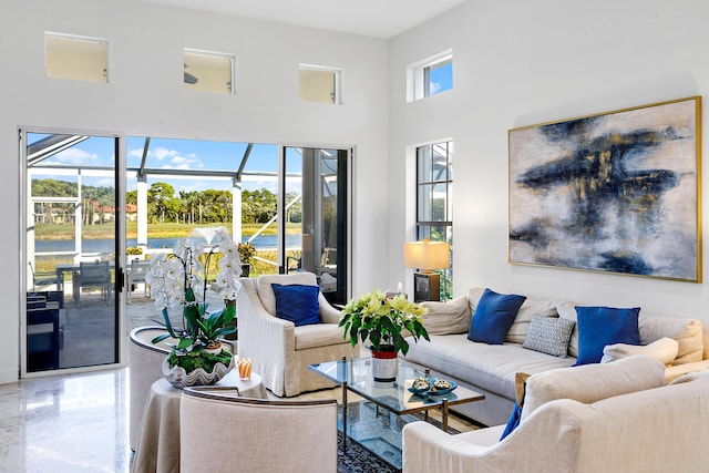 living room featuring a high ceiling