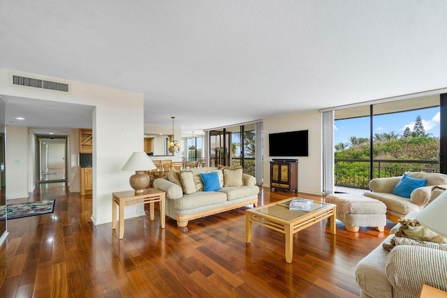 living room with floor to ceiling windows and dark hardwood / wood-style floors