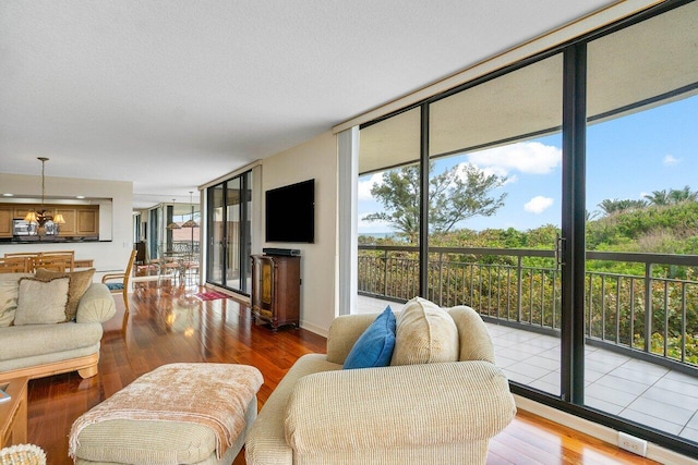 living room with hardwood / wood-style floors, expansive windows, a wealth of natural light, and an inviting chandelier