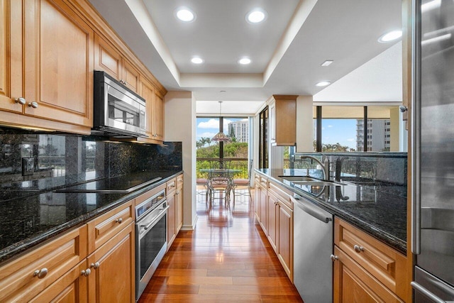 kitchen with dark wood-type flooring, stainless steel appliances, dark stone countertops, sink, and hanging light fixtures