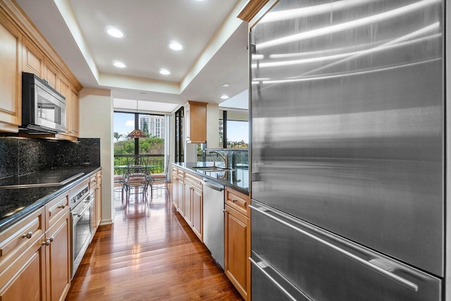 kitchen featuring stainless steel appliances, tasteful backsplash, a tray ceiling, dark wood-type flooring, and dark stone counters