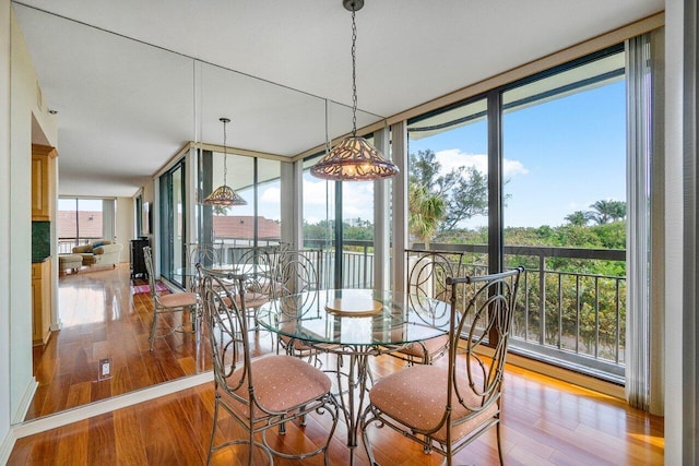 dining space with expansive windows, a healthy amount of sunlight, and light hardwood / wood-style floors