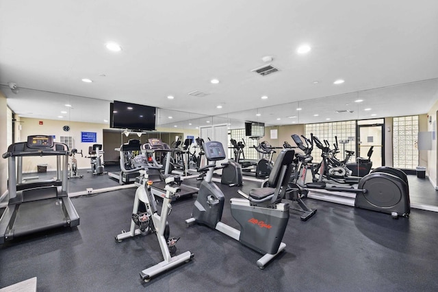 exercise room featuring expansive windows