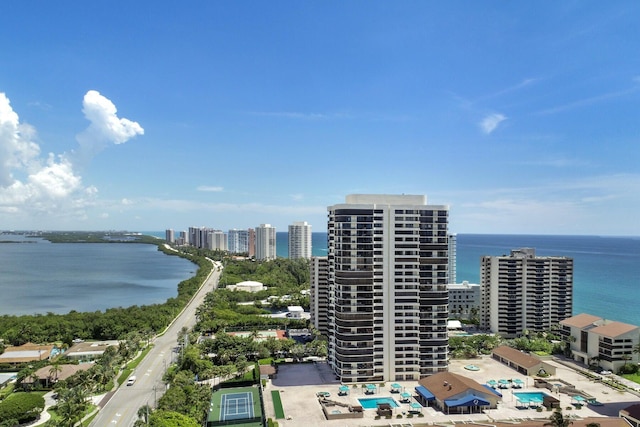 aerial view featuring a water view