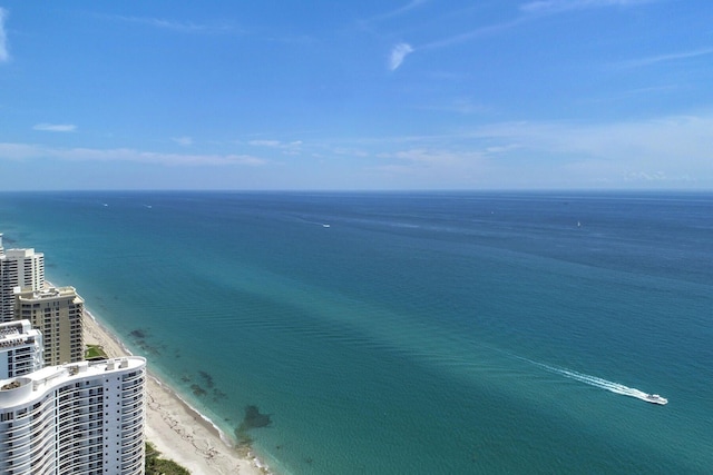 bird's eye view with a water view and a view of the beach