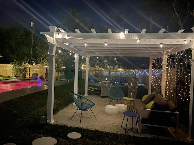 patio at twilight featuring a pergola and a fenced in pool