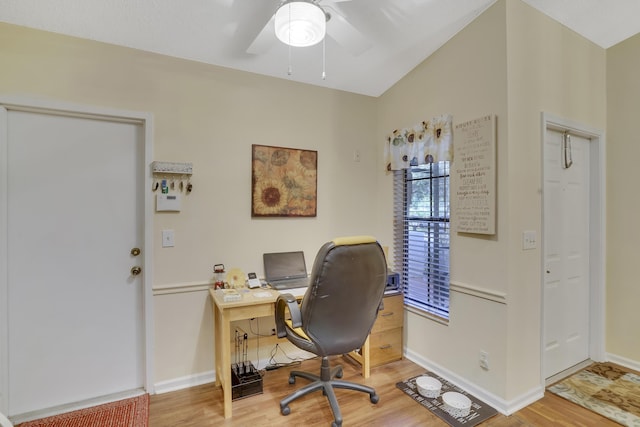 office with ceiling fan and wood-type flooring