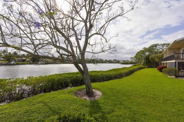 view of yard with a water view