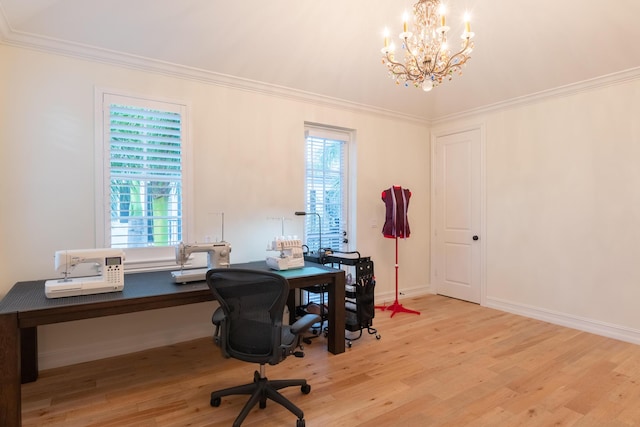 office featuring ornamental molding, a chandelier, and light hardwood / wood-style flooring