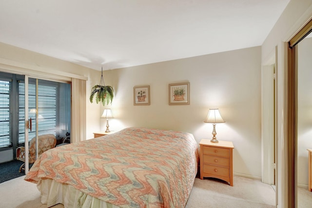 bedroom with a closet and light colored carpet