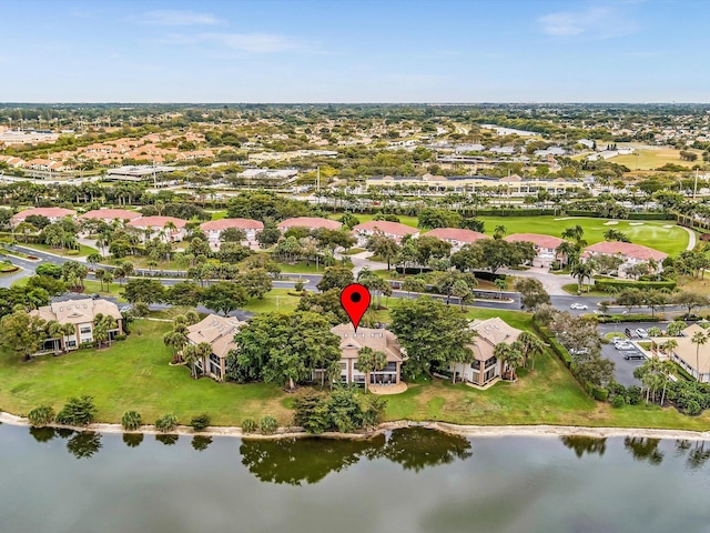 drone / aerial view featuring a water view