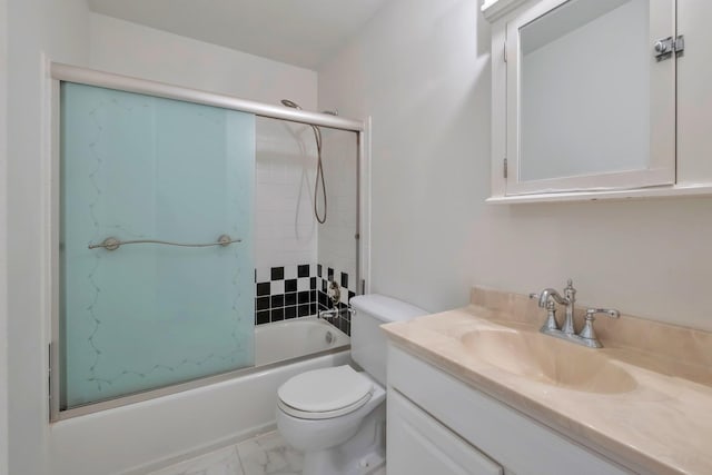 full bathroom with toilet, bath / shower combo with glass door, and vanity