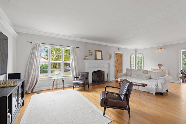 living room with light hardwood / wood-style flooring and ornamental molding