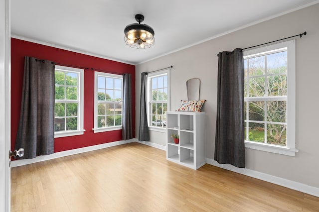 spare room with light hardwood / wood-style floors and crown molding