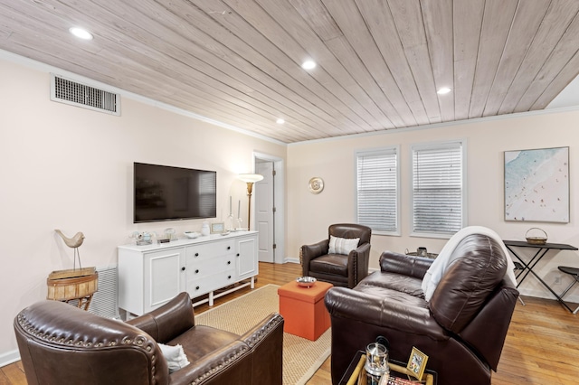 living room featuring crown molding, wood ceiling, and light wood-type flooring