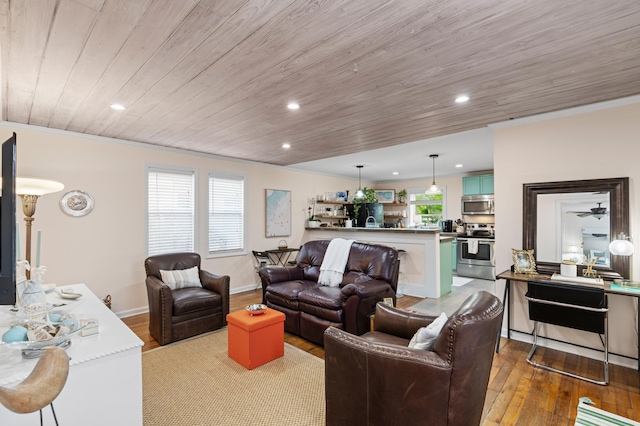 living room with ceiling fan, wooden ceiling, light hardwood / wood-style flooring, and crown molding