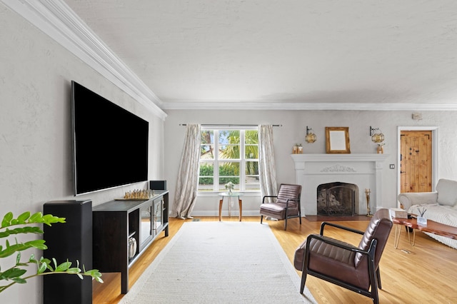 living room featuring light hardwood / wood-style floors and ornamental molding