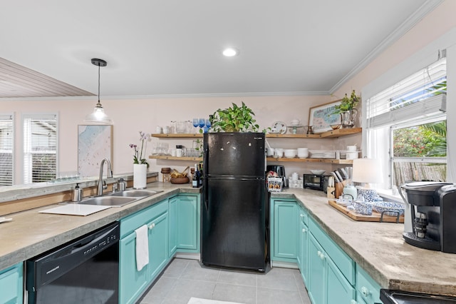 kitchen with light tile patterned floors, sink, blue cabinetry, and black appliances