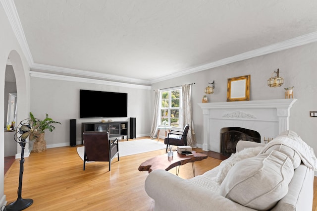 living room featuring light wood-type flooring and crown molding