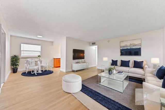 living room featuring hardwood / wood-style flooring and a textured ceiling