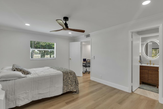 bedroom with crown molding, ceiling fan, and light hardwood / wood-style floors