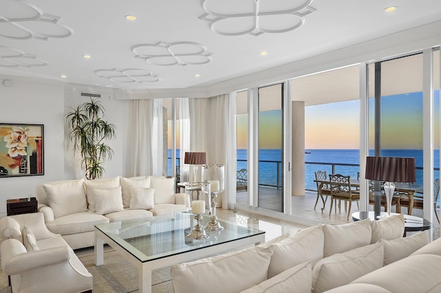 living room with a water view and a healthy amount of sunlight