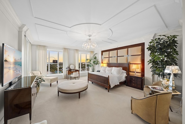 carpeted bedroom featuring ornamental molding and an inviting chandelier