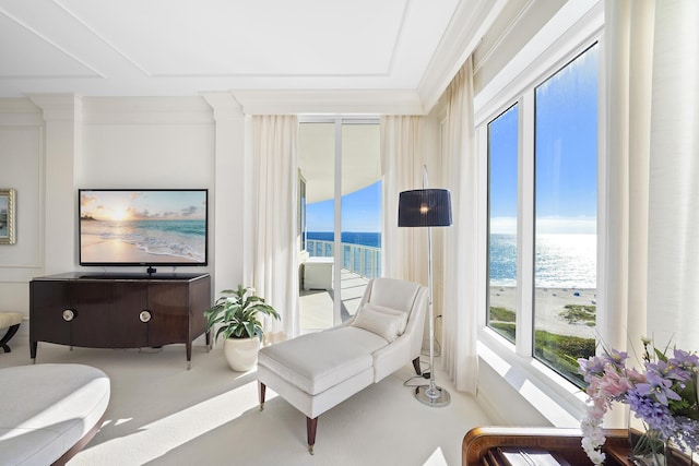 living room featuring a view of the beach and ornamental molding