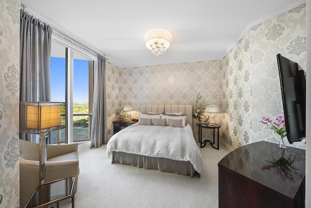 carpeted bedroom featuring ornamental molding